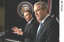 President Bush, right, and British Prime Minister Tony Blair take part in a joint press availability, Thursday, 7 Dec. 2006, in the Eisenhower Executive Office Building in Washington