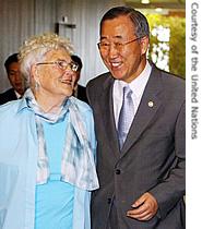 U.N. Secretary-General Ban K-moon visits with Libby Patterson