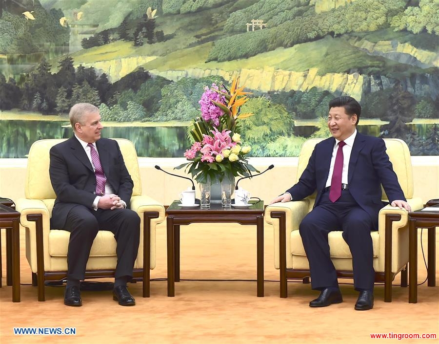 Chinese President Xi Jinping (R) meets with visiting British Prince Andrew, the Duke of York, in Beijing, capital of China, April 5, 2016. (Xinhua/Zhang Duo)