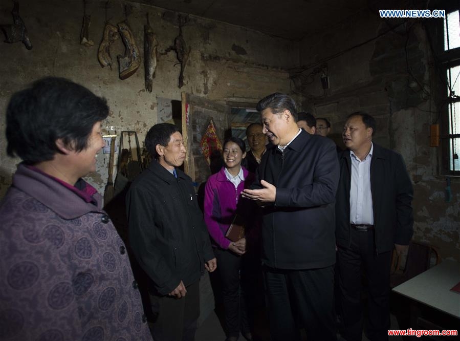 Chinese President Xi Jinping visits the family of villager Chen Zeping in Dawan Village of Huashi Township in Jinzhai County, Liuan City, east China