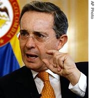 Colombia's President Alvaro Uribe speaks during an interview with The Associated Press in Bogota, 08 May 2007