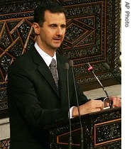 Syrian President Bashar al-Assad speaks before Syria's Assembly House, also known as the parliament, in Damascus, 10 May 2007