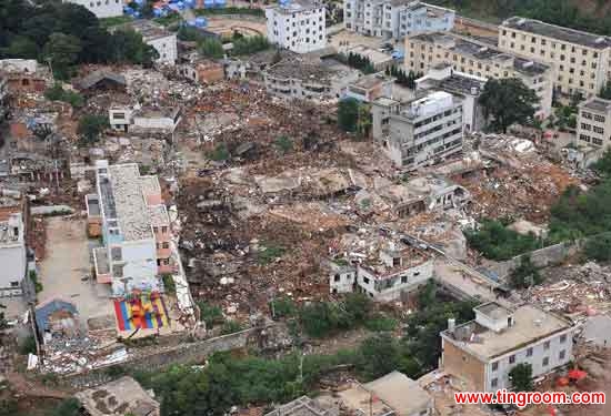 This aerial photo taken on Aug. 4, 2014 shows buildings toppled down by a 6.5-magnitude earthquake at the quake
