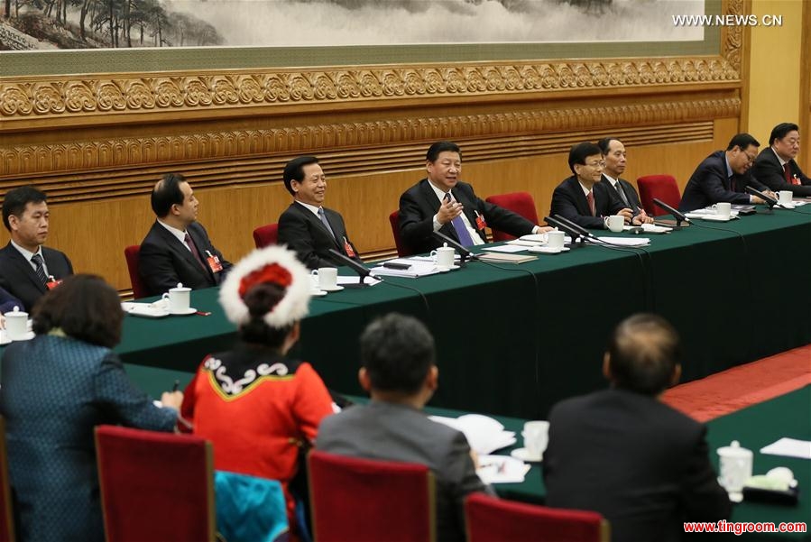 BEIJING, March 7, 2016 (Xinhua) -- Chinese President Xi Jinping joins a group deliberation of deputies from Heilongjiang Province to the annual session of the National People