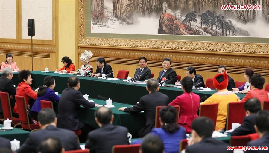 BEIJING, March 8, 2016 (Xinhua) -- Chinese President Xi Jinping joins a group deliberation of deputies from Hunan Province to the annual session of the National People