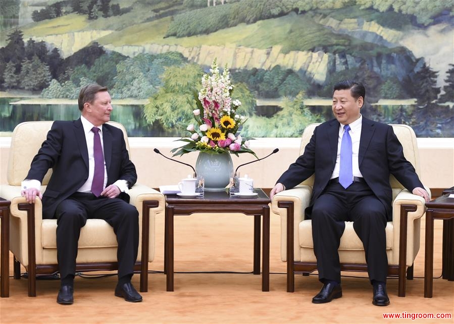 BEIJING, March 25, 2016 (Xinhua) -- Chinese President Xi Jinping (R) meets with Russian Presidential Administration chief Sergei Ivanov at the Great Hall of the People in Beijing, capital of China, March 25, 2016. (Xinhua/Xie Huanchi)