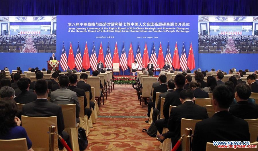 The joint opening ceremony of the eighth round of U.S.-China Strategic and Economic Dialogues and the seventh round of U.S.-China High-Level Consultation on People-to-People Exchange is held in Beijing, capital of China, June 6, 2016. (Xinhua/Zhang Duo)  
